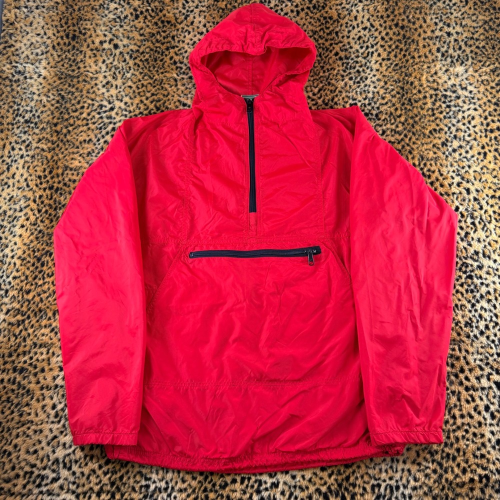 Vintage 80s LL Bean Anorak Windbreaker Jacket Red Nylon Half Zip Hooded 1456